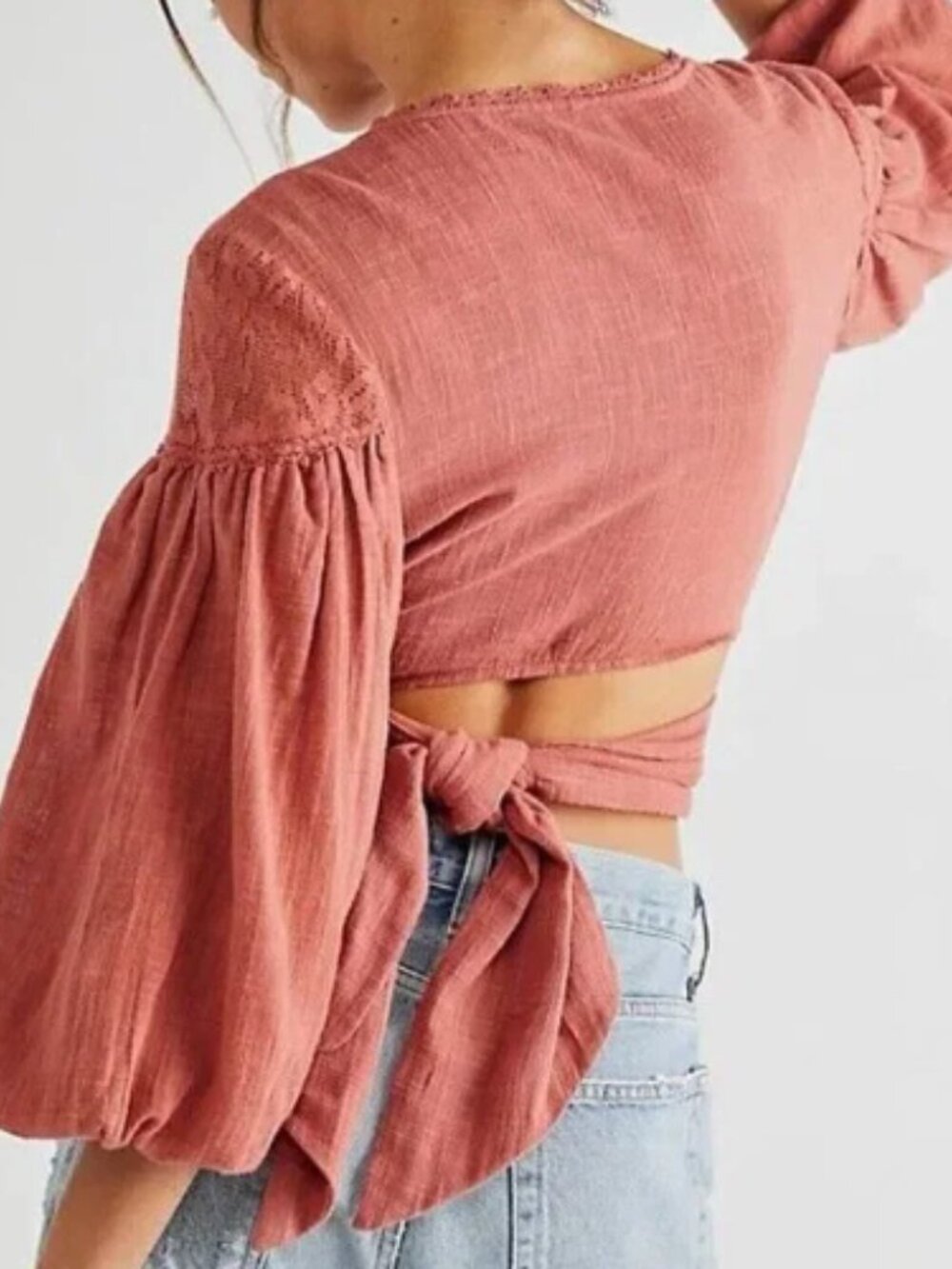Free People Dolly Wrap Top Terra Cotta Lace Boho Balloon Sleeve Crop Blouse L - Picture 7 of 16